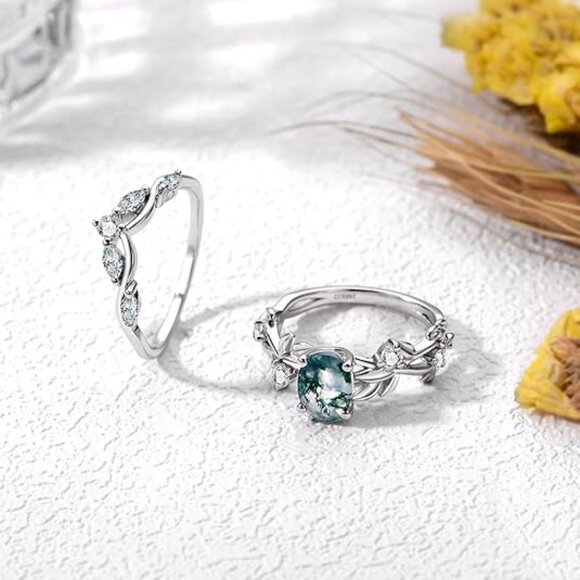 Women's S925 Oval Shape 1 Carat Green Moss Agate Engagement Ring Set - Picture 5 of 5